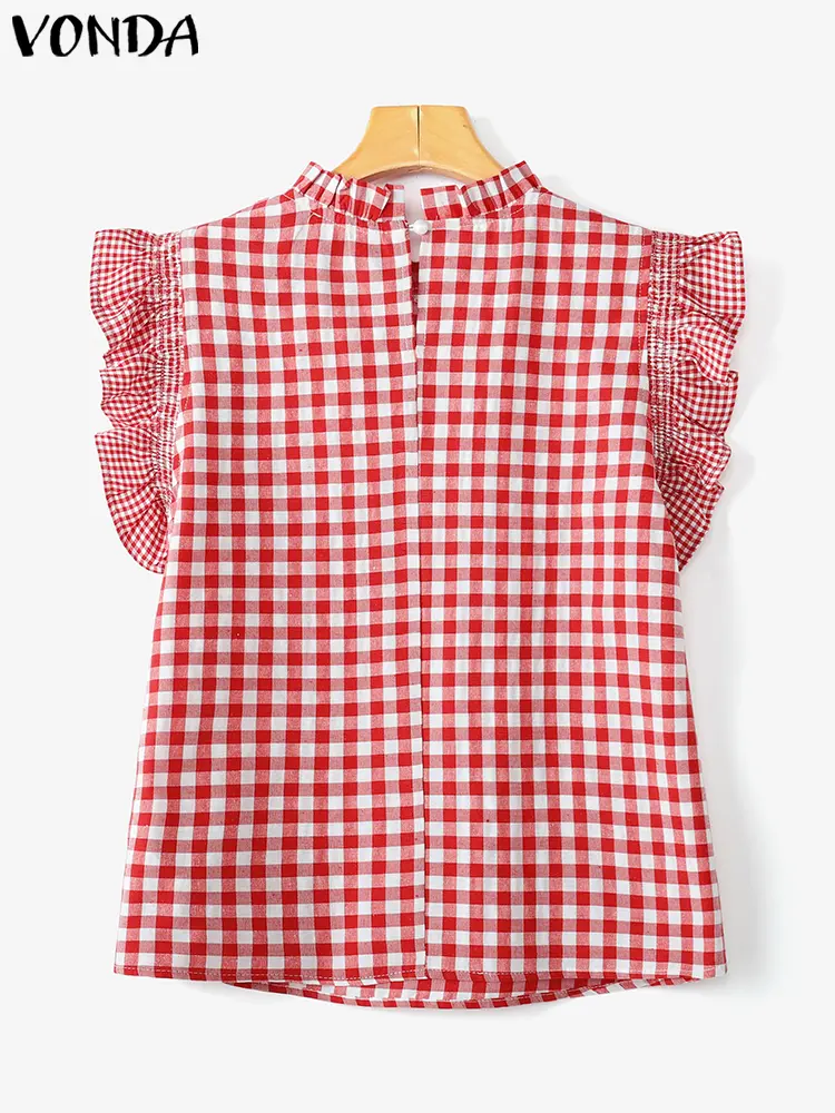 VONDA Women Office Tops 2025 Summer Short Sleeve Plaid Blouse Vintage Patchwork Ruffled Casual Shirts Elegant Streetwear Blusas