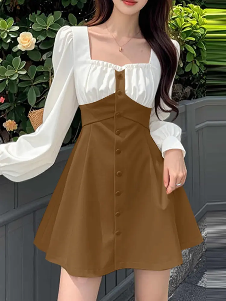 VONDA Women Long Sleeve Mini Dress 2025 Casual Square Collar High Waist Patchwork Sundress A-Line Swing Vestidos Robe Oversized