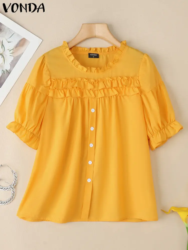 VONDA Elegant Ruffled Blouse Women Casual Puff Sleeve Office Tops 2025 Female O-Neck Shirts Work Solid Color Blusas Chemise
