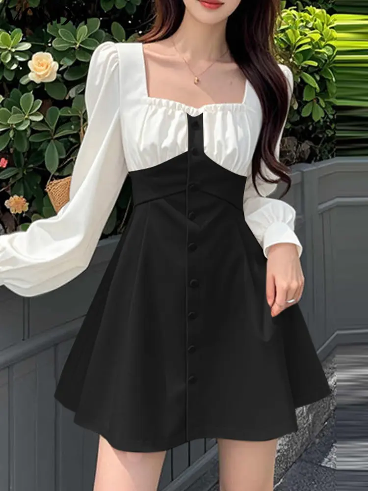 VONDA Women Long Sleeve Mini Dress 2025 Casual Square Collar High Waist Patchwork Sundress A-Line Swing Vestidos Robe Oversized
