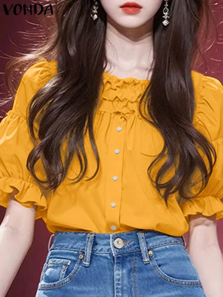 VONDA Elegant Ruffled Blouse Women Casual Puff Sleeve Office Tops 2025 Female O-Neck Shirts Work Solid Color Blusas Chemise