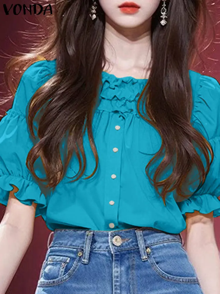 VONDA Elegant Ruffled Blouse Women Casual Puff Sleeve Office Tops 2025 Female O-Neck Shirts Work Solid Color Blusas Chemise