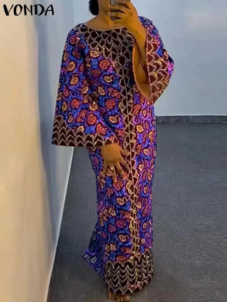 VONDA Elegant Dress 2025 Women Bohemian Printing Sundress Vintage Flare Long Sleeve Maxi Vestidos Oversized O-Neck Robe Femme