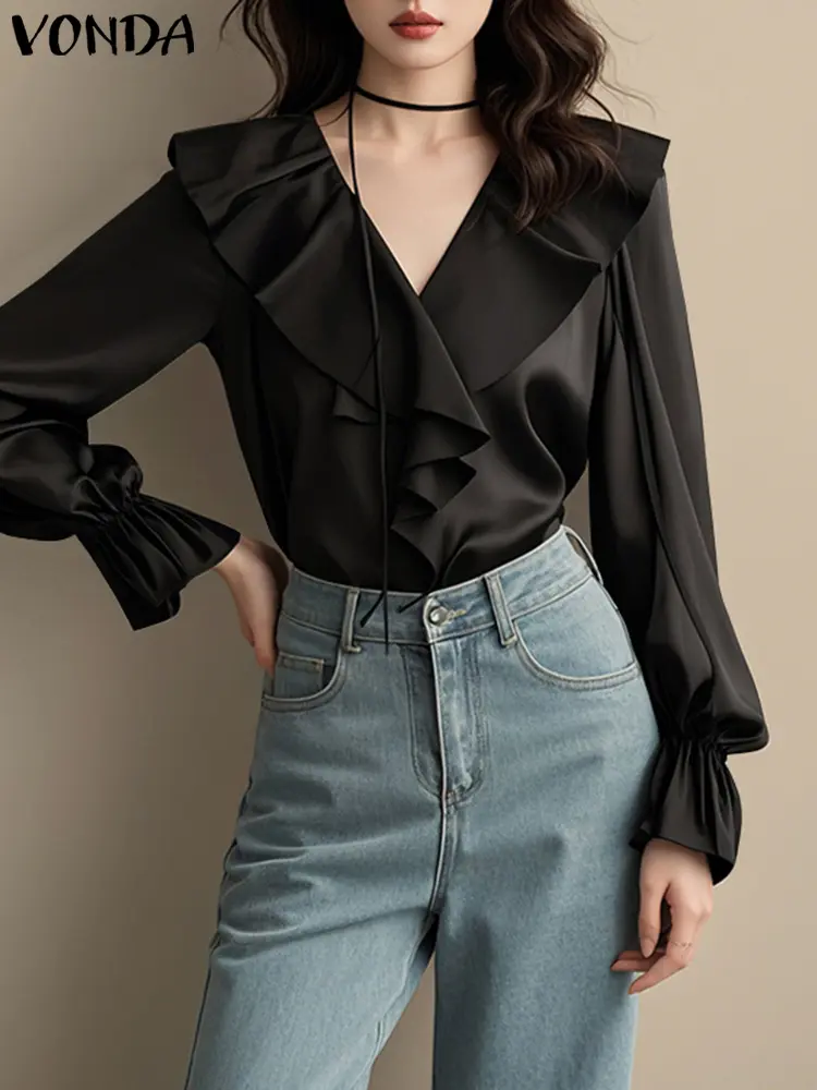VONDA Women Elegant Ruffled Blouses 2025 Spring V-Neck Blusas Long Sleeve Korean Style Tunics Casual Solid Blusas Oversized
