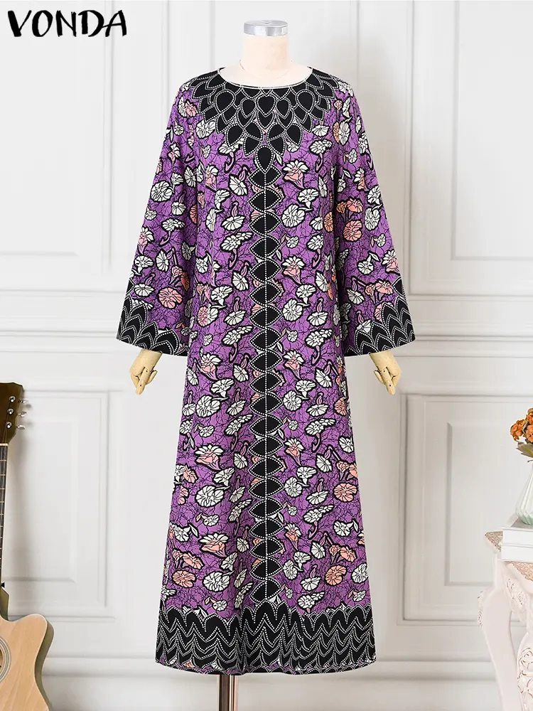 VONDA Elegant Dress 2025 Women Bohemian Printing Sundress Vintage Flare Long Sleeve Maxi Vestidos Oversized O-Neck Robe Femme