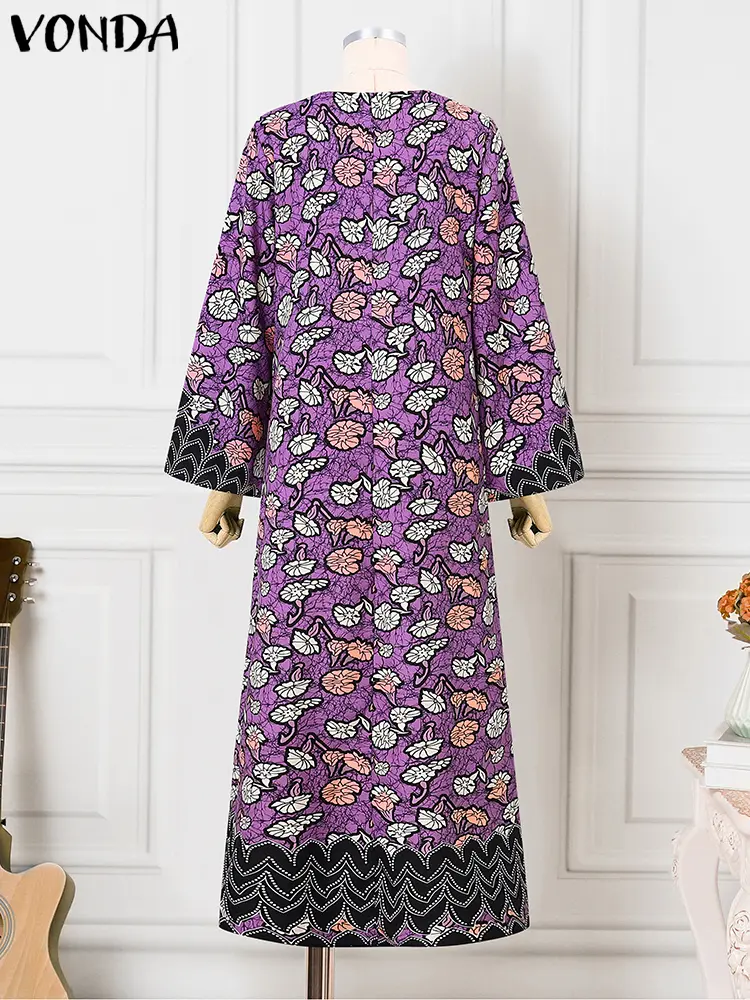 VONDA Elegant Dress 2025 Women Bohemian Printing Sundress Vintage Flare Long Sleeve Maxi Vestidos Oversized O-Neck Robe Femme