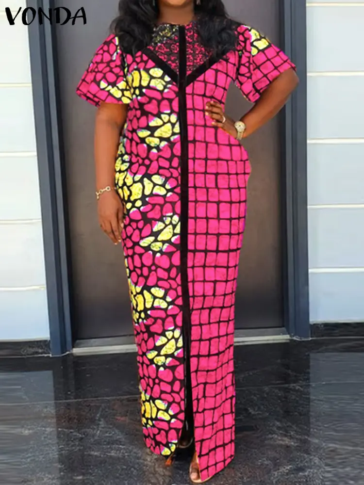 VONDA Plus Size 5XL Summer Bohemian Printed Long Dress Women Short Sleeve Maxi Sundress Casual Loose Patchwork Beach Vestidos