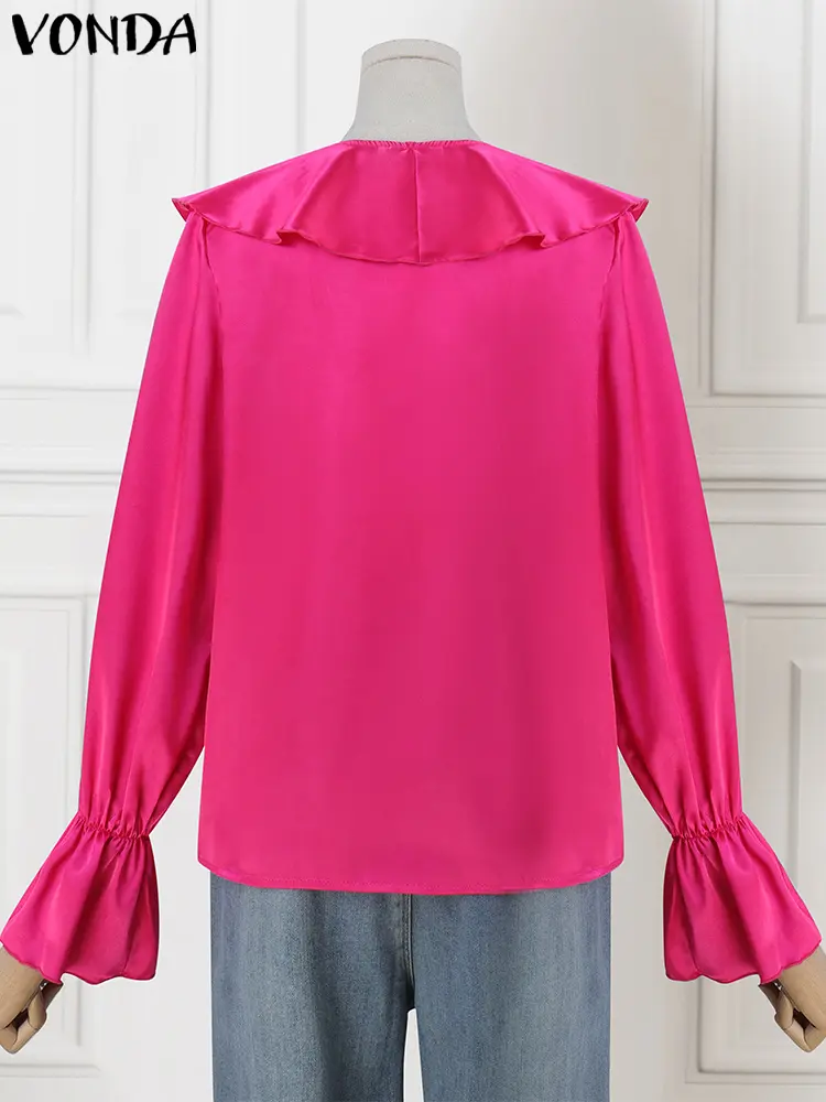 VONDA Women Elegant Ruffled Blouses 2025 Spring V-Neck Blusas Long Sleeve Korean Style Tunics Casual Solid Blusas Oversized