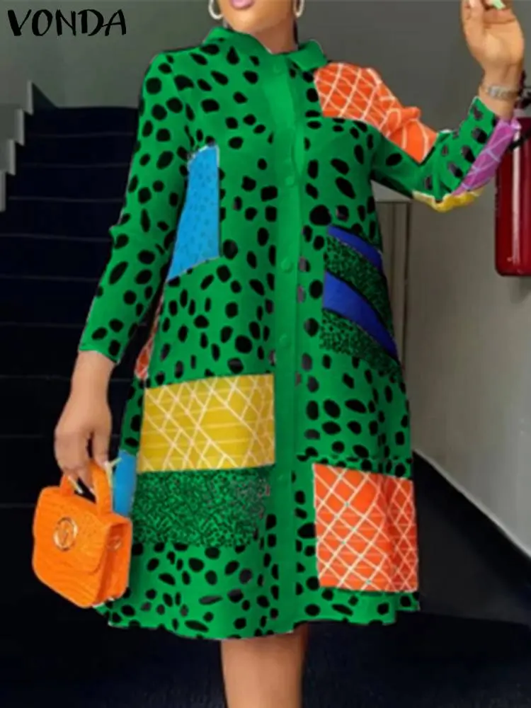 VONDA Bohemian Dress Women Leopard Printed Shirt Dress Sexy Lapel Long Sleeve Sundress 2024 Fashion Buttons Knee-Length Vestidos