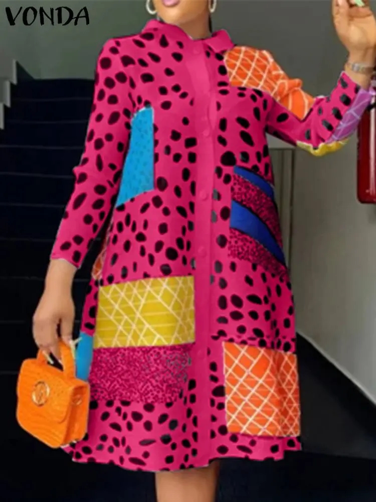 VONDA Bohemian Dress Women Leopard Printed Shirt Dress Sexy Lapel Long Sleeve Sundress 2024 Fashion Buttons Knee-Length Vestidos