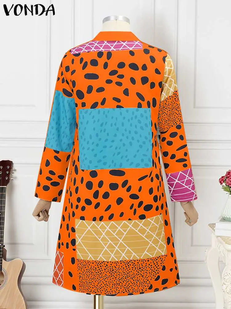 VONDA Bohemian Dress Women Leopard Printed Shirt Dress Sexy Lapel Long Sleeve Sundress 2024 Fashion Buttons Knee-Length Vestidos