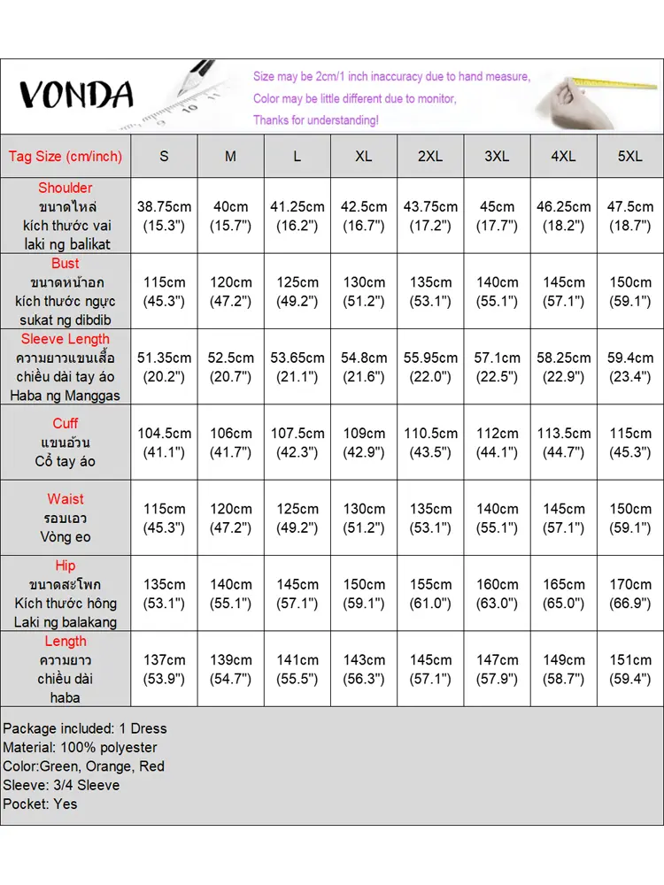 Summer Party Print Dress Women Maxi Vestidos 2025 VONDA Fashion Vintage V-Neck 3/4 Sleeve Casual Oversized Loose Long Robe