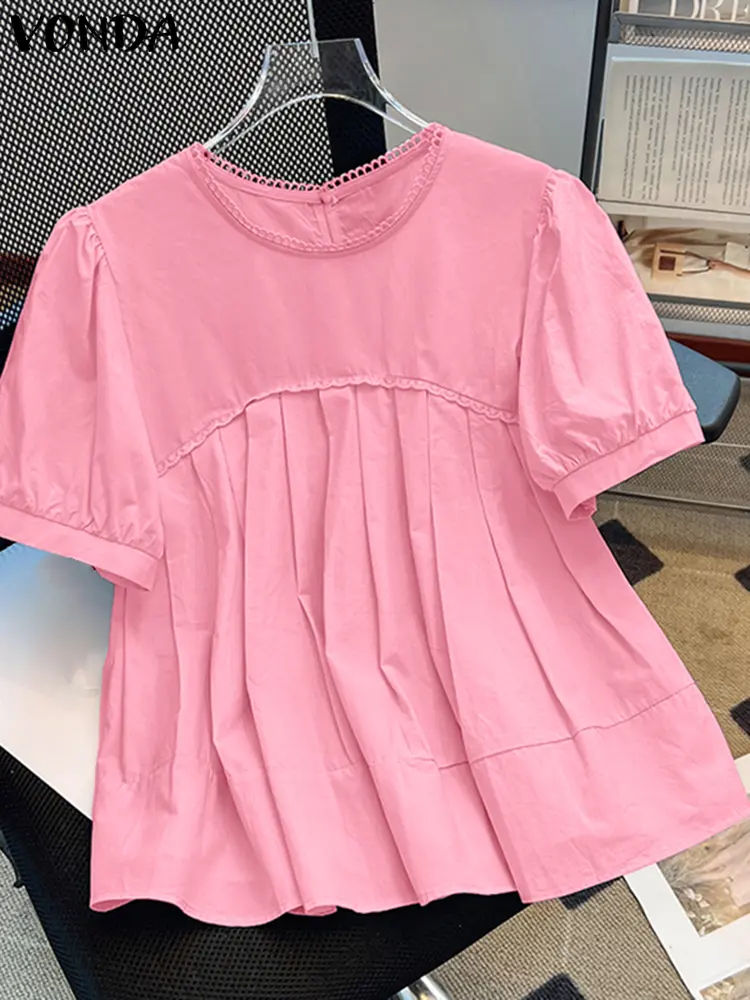 VONDA Solid Color Tops Women Blouses 2025 O Neck Blusas Casual OL Work Tunic Summer Short Sleeve Vintage Pleated Pullover