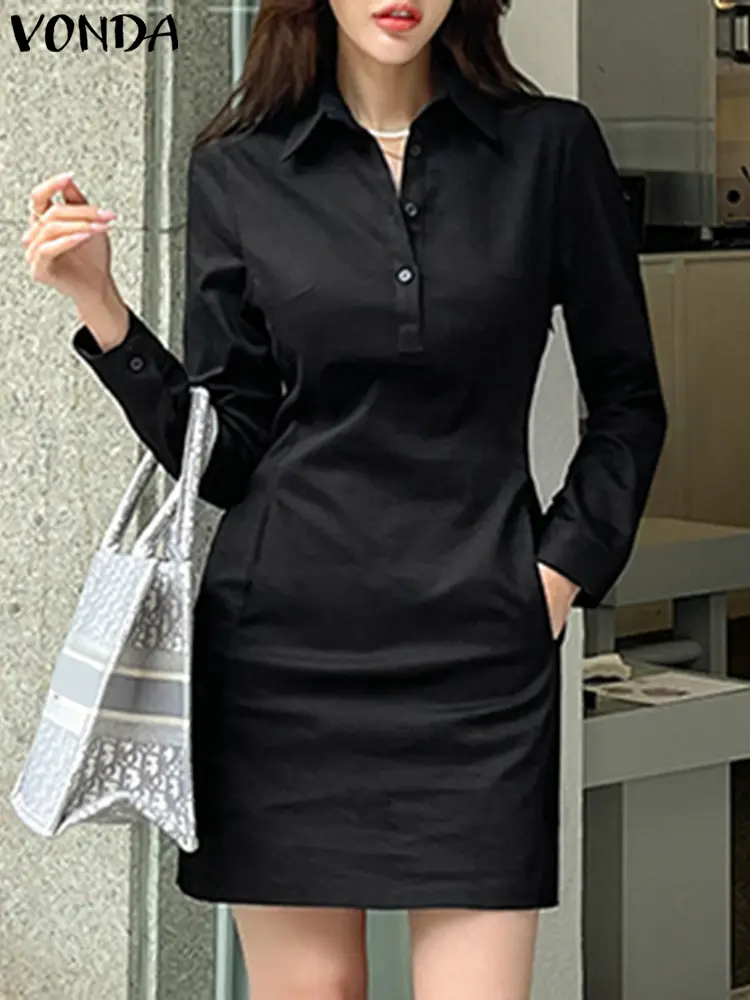 Women Long Sleeve Mini Dress 2024 VONDA Summer Sundress Elegant Solid Color Casual Loose Buttons Pockets Short Vestidos