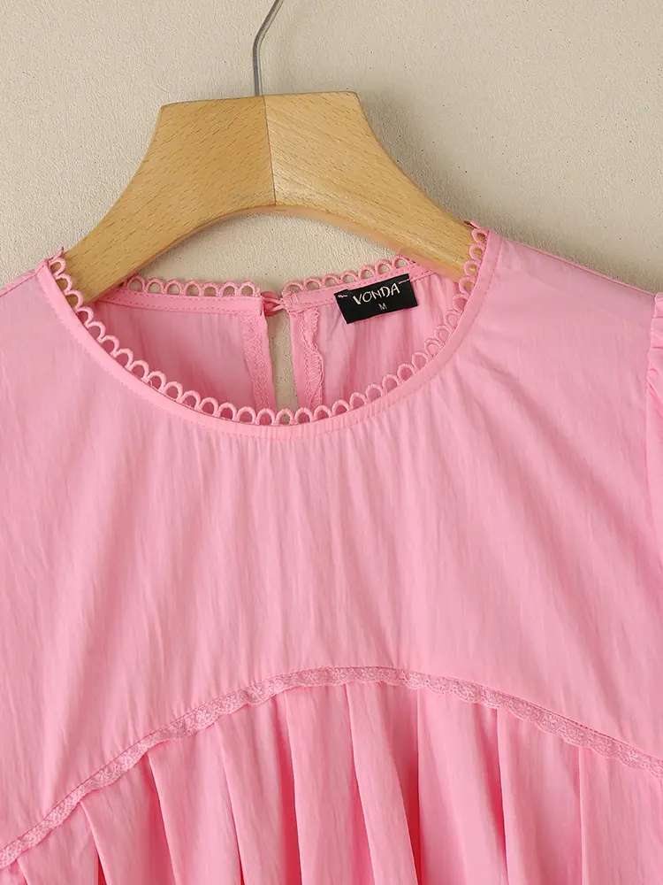 VONDA Solid Color Tops Women Blouses 2025 O Neck Blusas Casual OL Work Tunic Summer Short Sleeve Vintage Pleated Pullover