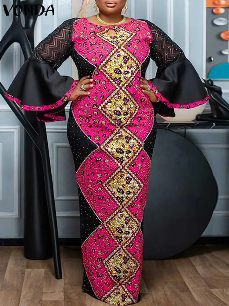 VONDA Women Maxi Dress Elegant Lace Patchwork Flare Sleeve Printed Vintage Party Sundress 2024 Autumn Loose Vestido Oversized