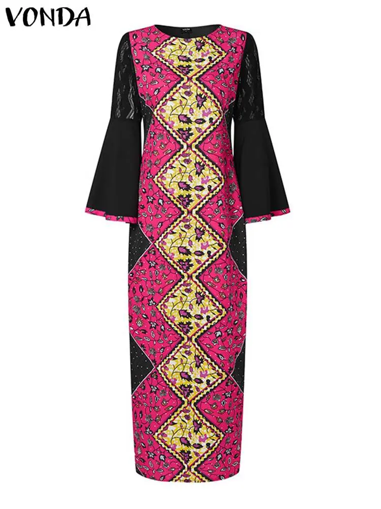 VONDA Women Maxi Dress Elegant Lace Patchwork Flare Sleeve Printed Vintage Party Sundress 2024 Autumn Loose Vestido Oversized