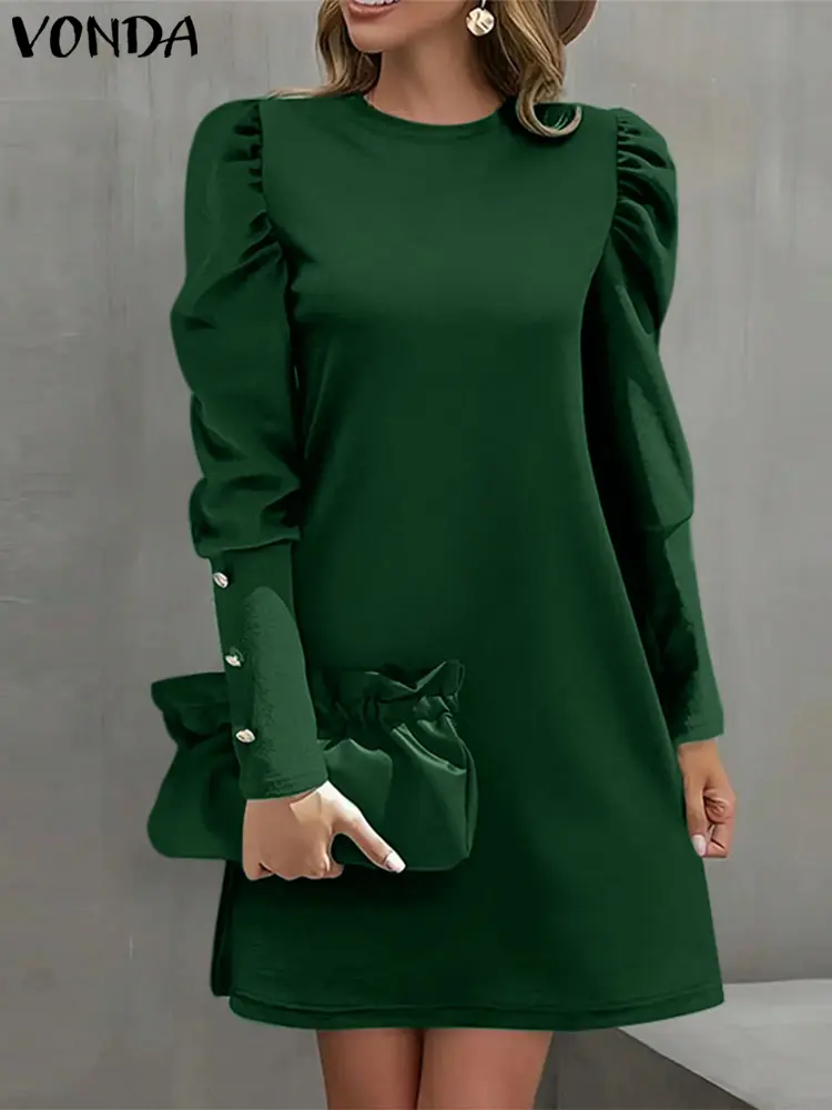 VONDA Elegant Long Sleeve Dress Casual Loose Solid Color Sundress 2025 Round Neck Lantern Sleeve Vestidos A-Line Robe Oversized