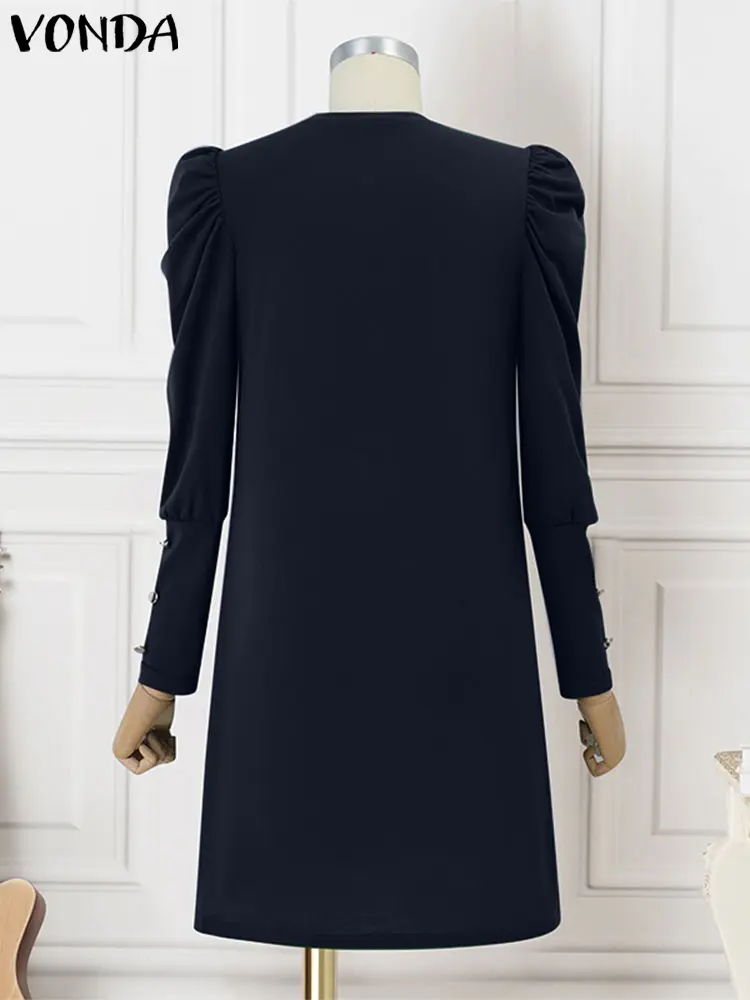 VONDA Elegant Long Sleeve Dress Casual Loose Solid Color Sundress 2025 Round Neck Lantern Sleeve Vestidos A-Line Robe Oversized