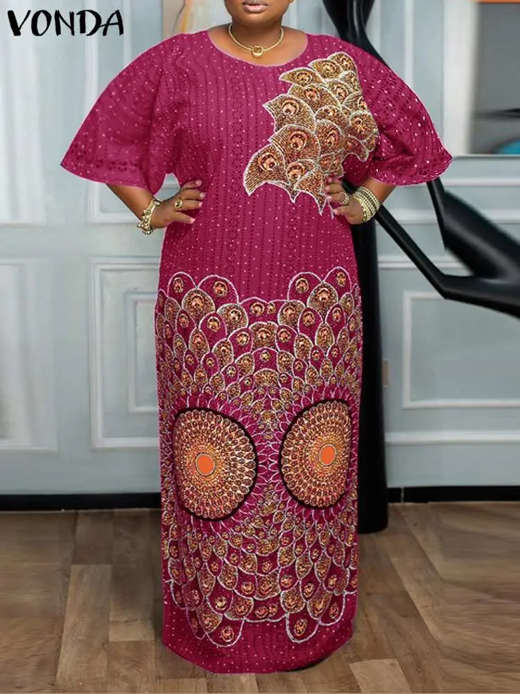 VONDA Women Bohemian Dresses 2024 Round Neck Flare Sleeve Vintage Style Maxi Dress Party Evening African Ethnic Long Vestidos
