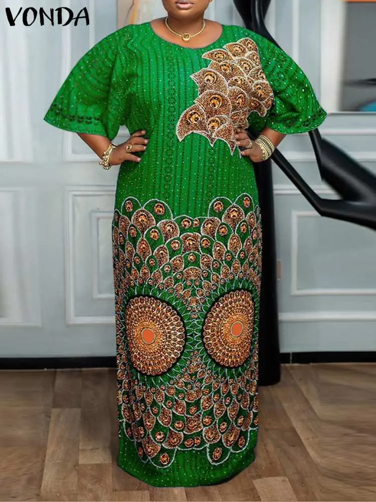 VONDA Women Bohemian Dresses 2024 Round Neck Flare Sleeve Vintage Style Maxi Dress Party Evening African Ethnic Long Vestidos