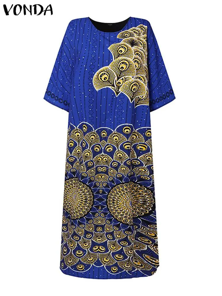 VONDA Women Bohemian Dresses 2024 Round Neck Flare Sleeve Vintage Style Maxi Dress Party Evening African Ethnic Long Vestidos