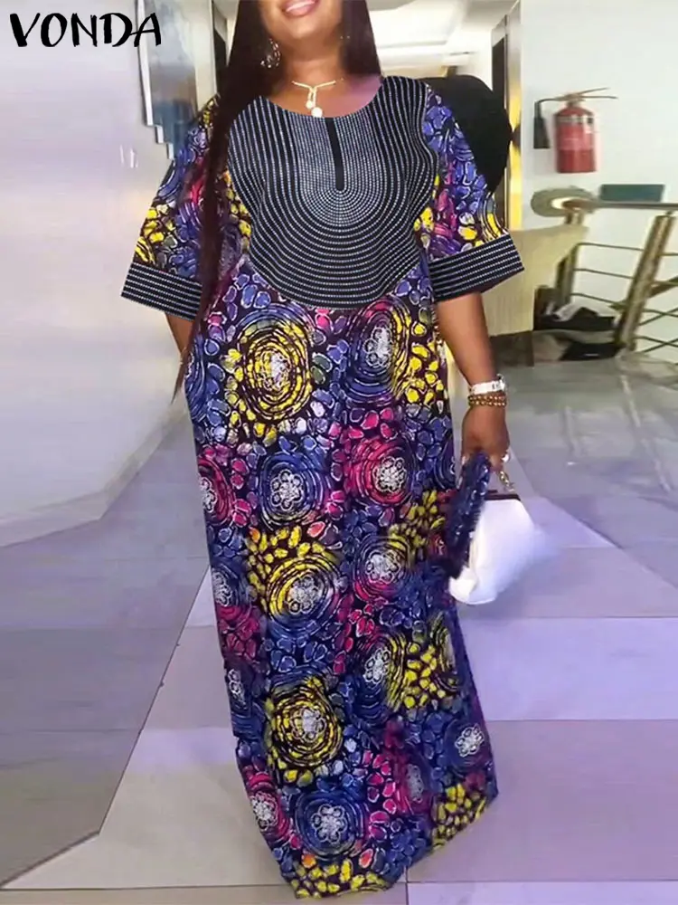 Women Long Dress VONDA Casual Half Sleeve Floral Printing Robe Loose Oversize Maxi Vestidos Streetwear Femme Elegant Sundress