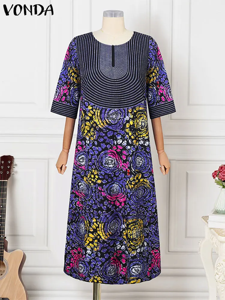 Women Long Dress VONDA Casual Half Sleeve Floral Printing Robe Loose Oversize Maxi Vestidos Streetwear Femme Elegant Sundress