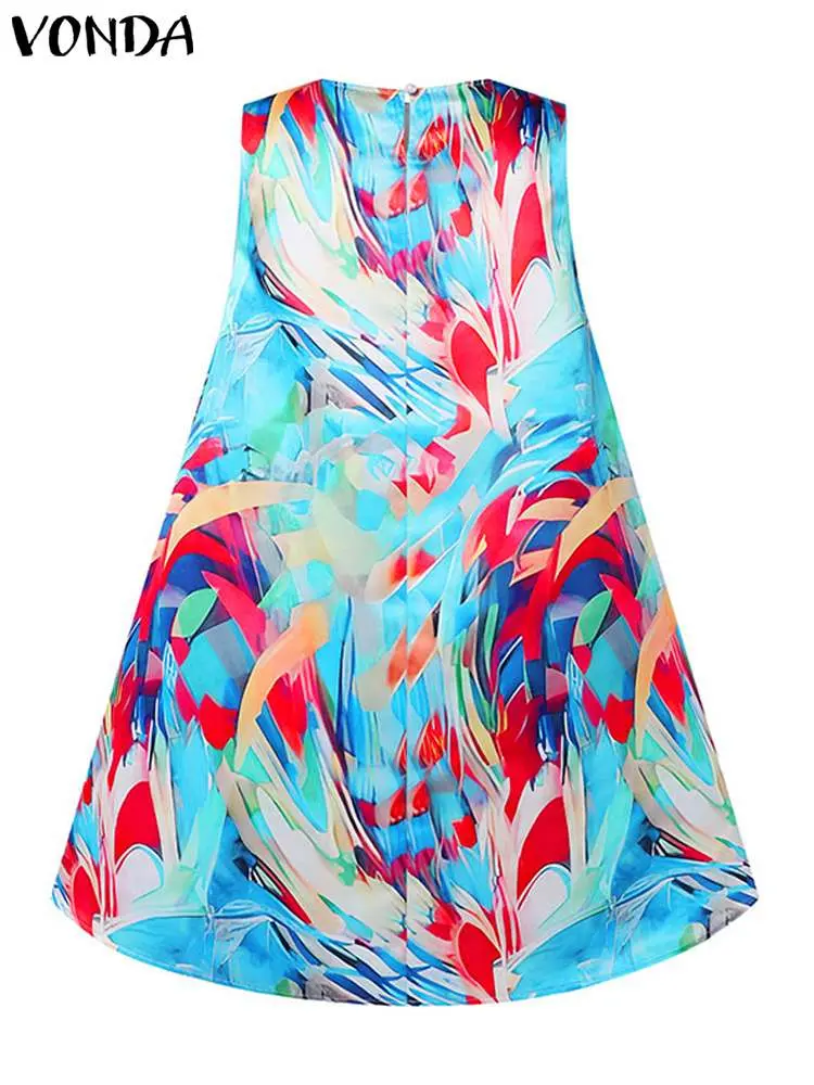 VONDA Summer Mini Dress Women Bohemian Printed Short Sundress 2024 Elegant Casual Sleeveless Sexy Ruffled Party Beach Vestidos