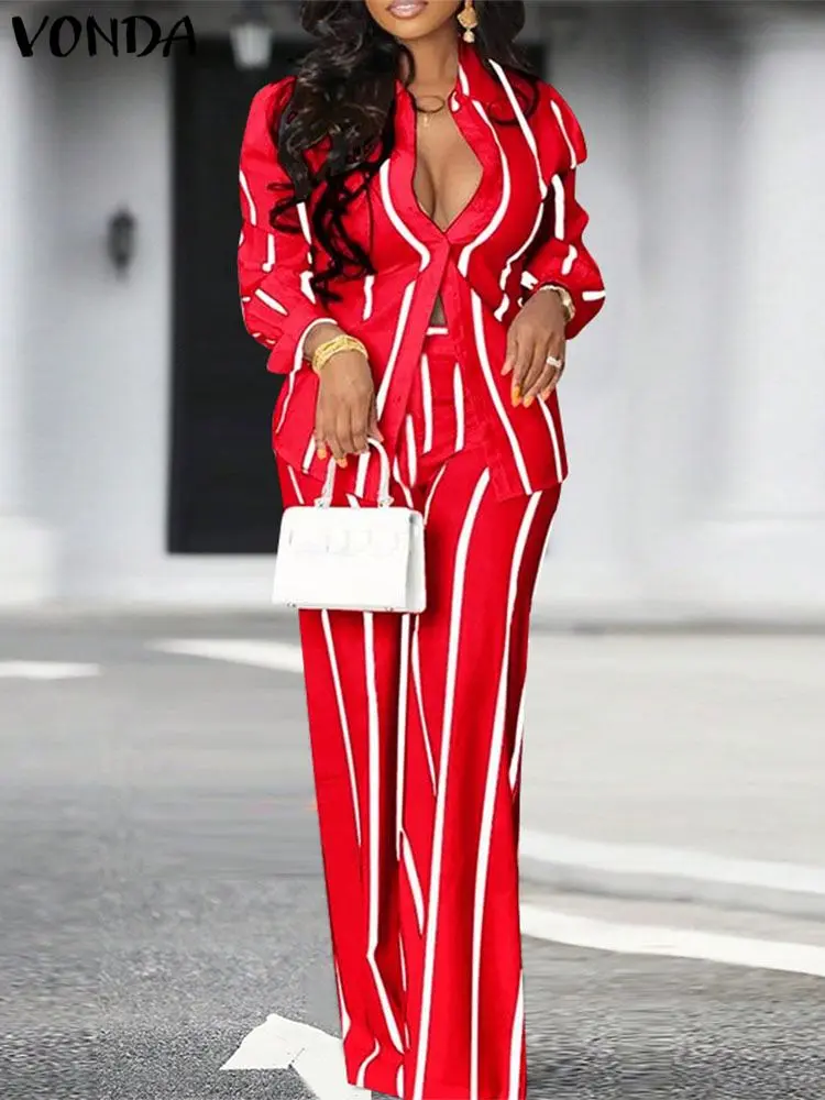 VONDA Fashion Matching Sets Women Pants Sets 2024 Vintage Striped Shirt Trouser Casual Two-Piece Sets Autumn Office Lady Suits
