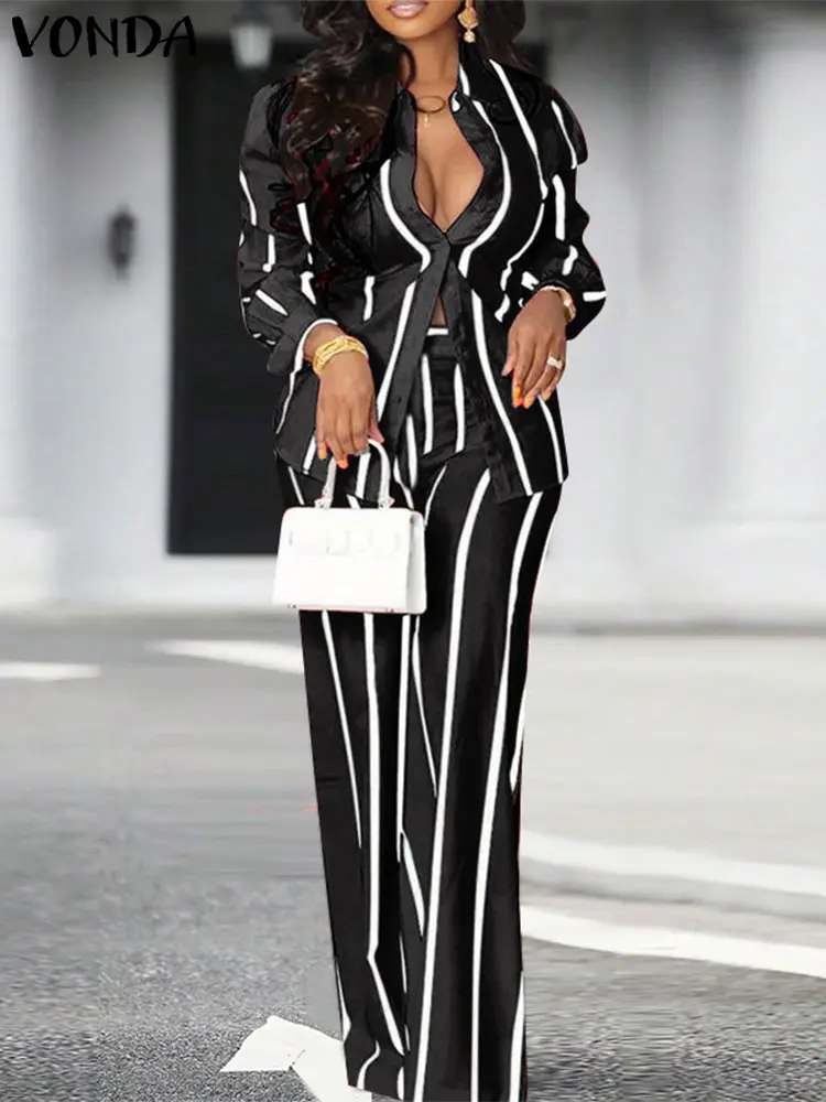 VONDA Fashion Matching Sets Women Pants Sets 2024 Vintage Striped Shirt Trouser Casual Two-Piece Sets Autumn Office Lady Suits