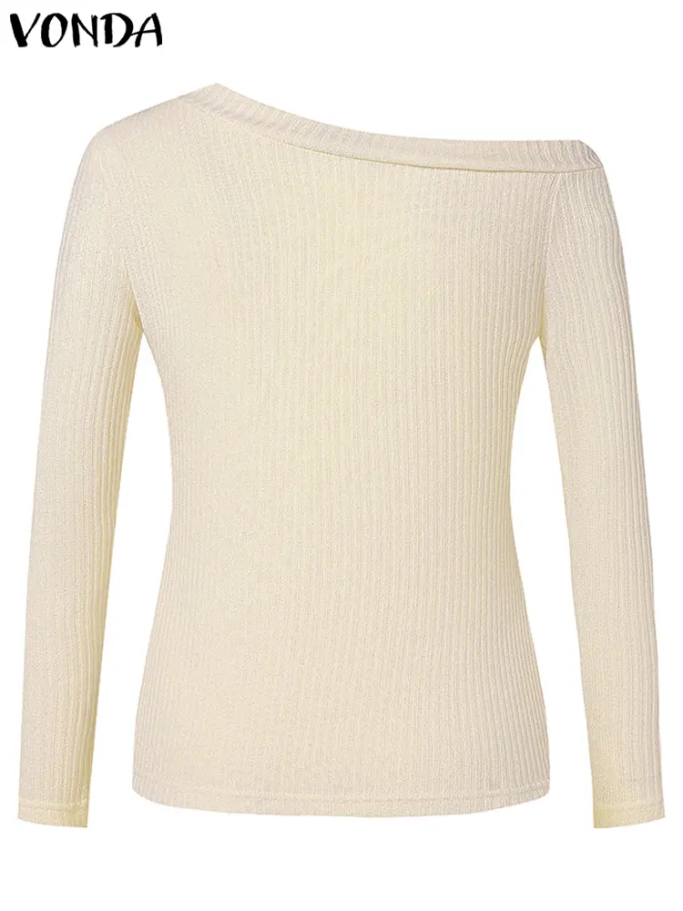 2025 Autumn Women Sexy Knitted Sweaters Off The Shoulder Tops Irregular Neck Long Sleeve Solid Metal Button Pullovers VONDA