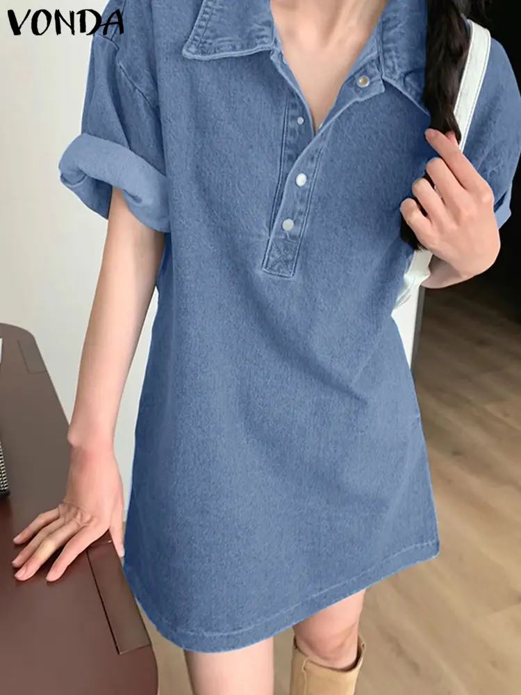 VONDA Casual Denim Shirt Dress Women Summer Mini Dress 2025 Lapel Short Sleeve Buttons Solid Color Office Short Sundress
