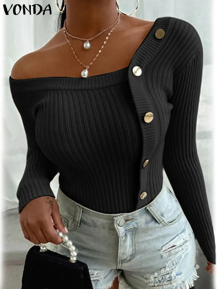 2025 Autumn Women Sexy Knitted Sweaters Off The Shoulder Tops Irregular Neck Long Sleeve Solid Metal Button Pullovers VONDA