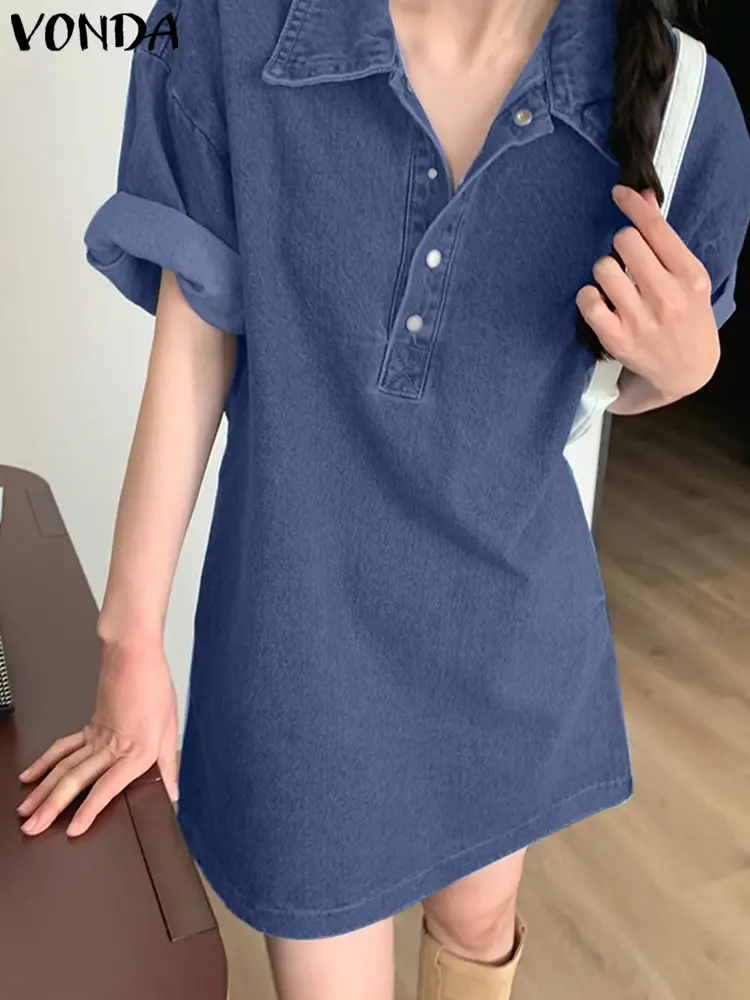 VONDA Casual Denim Shirt Dress Women Summer Mini Dress 2025 Lapel Short Sleeve Buttons Solid Color Office Short Sundress