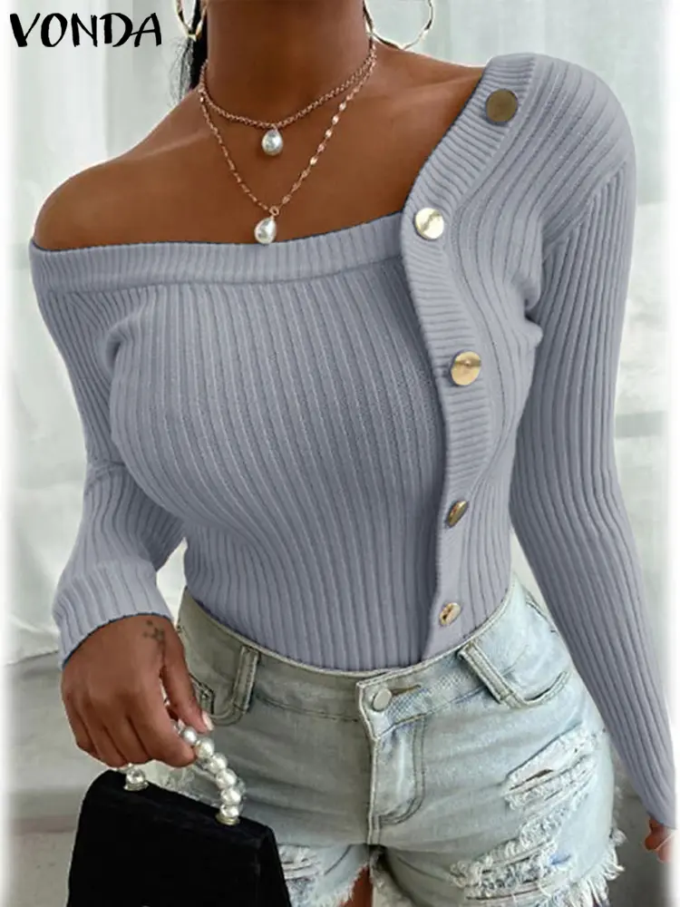 2025 Autumn Women Sexy Knitted Sweaters Off The Shoulder Tops Irregular Neck Long Sleeve Solid Metal Button Pullovers VONDA