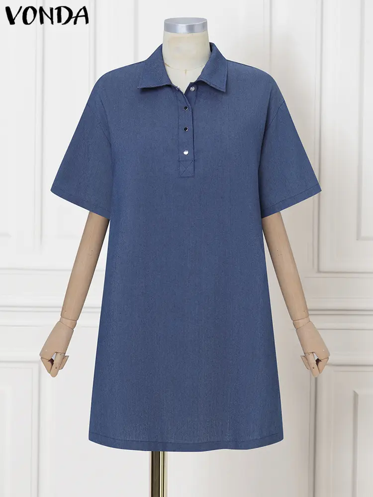 VONDA Casual Denim Shirt Dress Women Summer Mini Dress 2025 Lapel Short Sleeve Buttons Solid Color Office Short Sundress