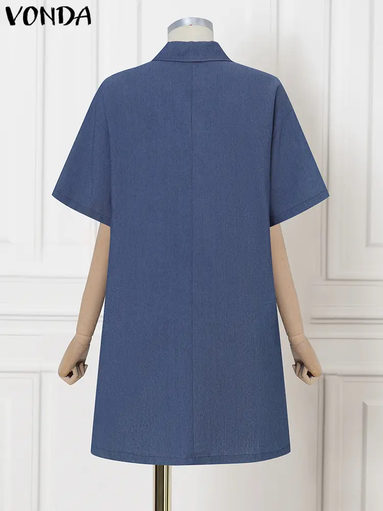 VONDA Casual Denim Shirt Dress Women Summer Mini Dress 2025 Lapel Short Sleeve Buttons Solid Color Office Short Sundress