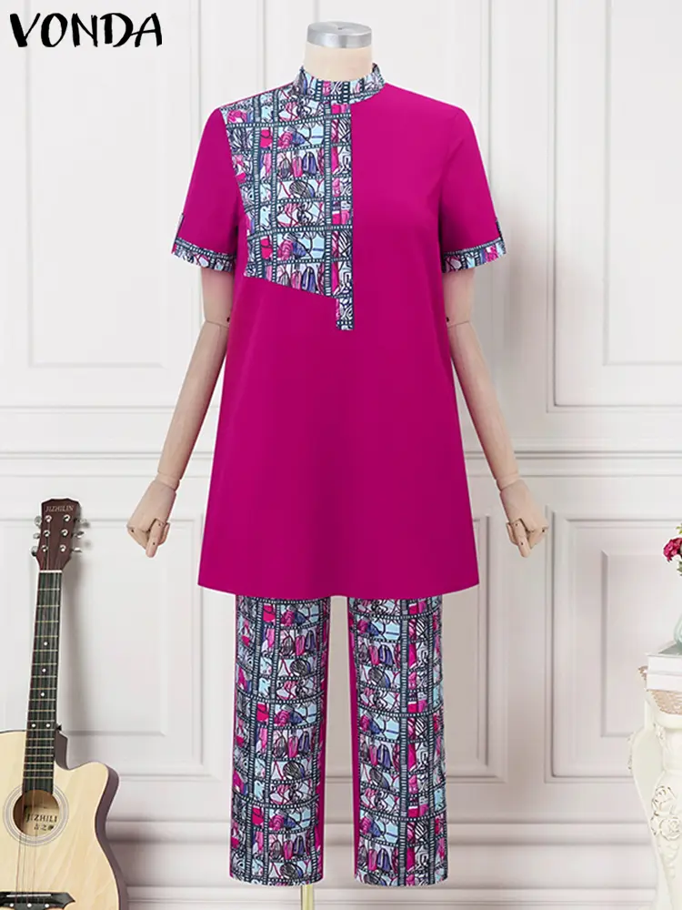 2025 VONDA Women Suits Vintage Printed Pant Sets Stand Collar Short Sleeve Tops and Long Pants Summer Bohemian Casual Loose Sets