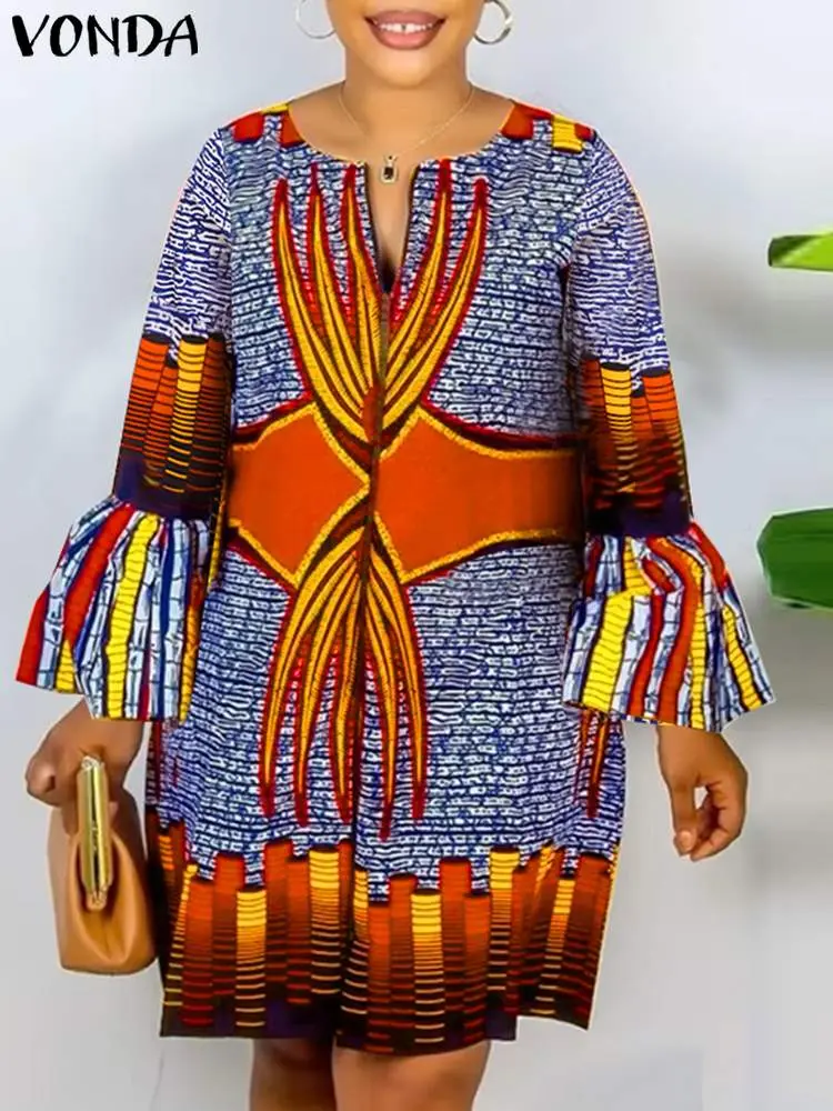 2024 VONDA Women Printed Mini Dress Long Flare Sleeve Bohemian Sundress Sexy V-Neck Vintage Casual Loose Oversized Short Vestido