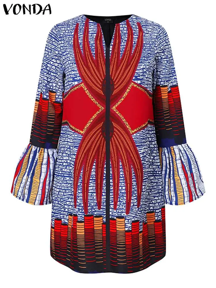 2024 VONDA Women Printed Mini Dress Long Flare Sleeve Bohemian Sundress Sexy V-Neck Vintage Casual Loose Oversized Short Vestido