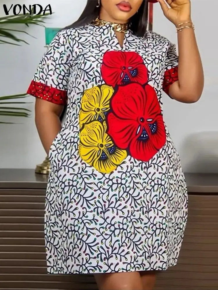 VONDA Women Elegant Dress 2025 Vintage Printed Sundress Oversized Mini Dress Casual Loose Party Short Robe Vestidos