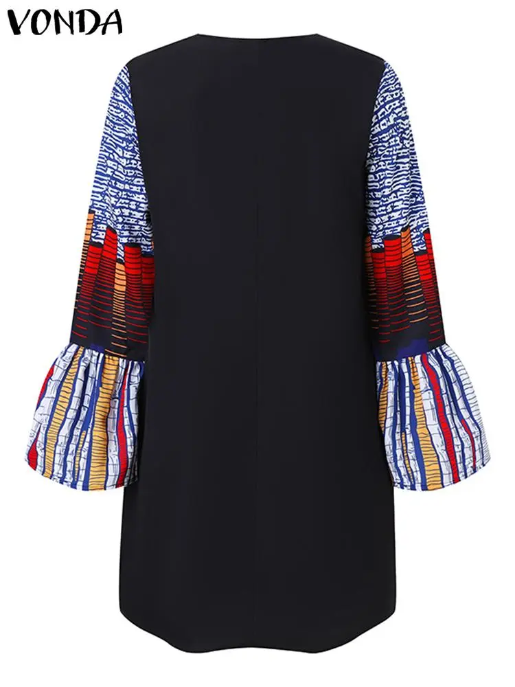 2024 VONDA Women Printed Mini Dress Long Flare Sleeve Bohemian Sundress Sexy V-Neck Vintage Casual Loose Oversized Short Vestido