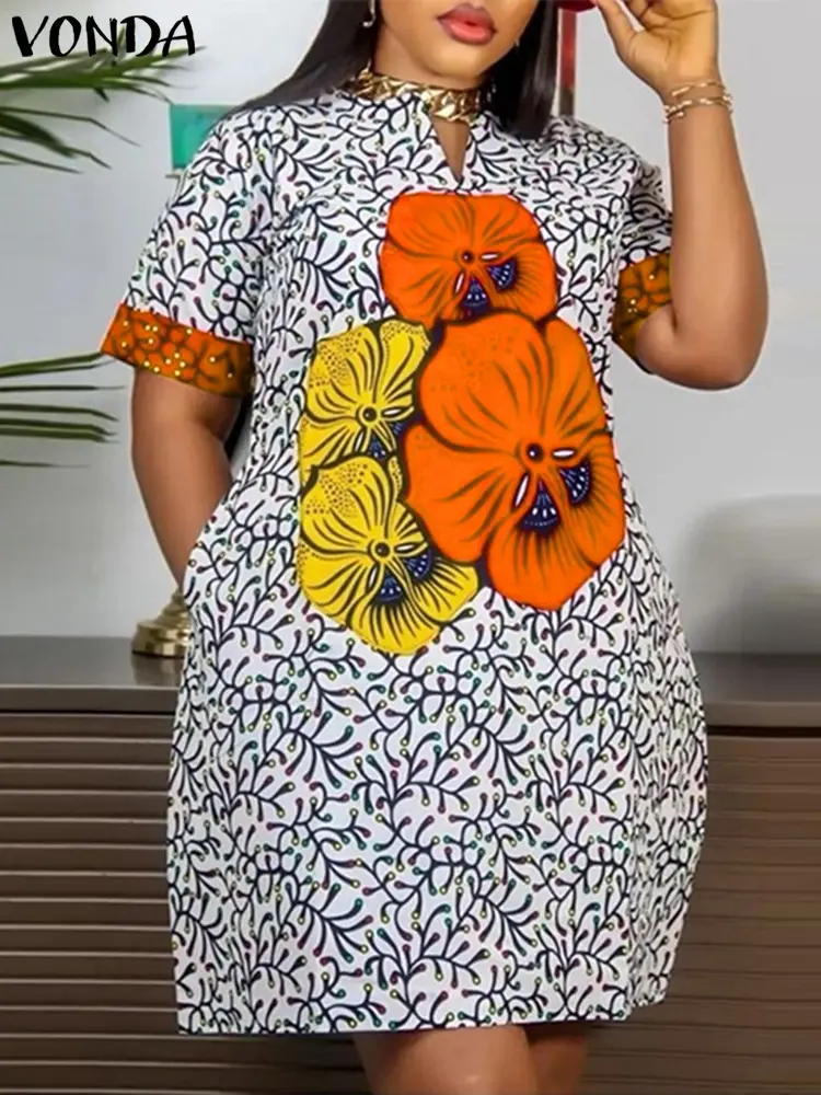 VONDA Women Elegant Dress 2025 Vintage Printed Sundress Oversized Mini Dress Casual Loose Party Short Robe Vestidos