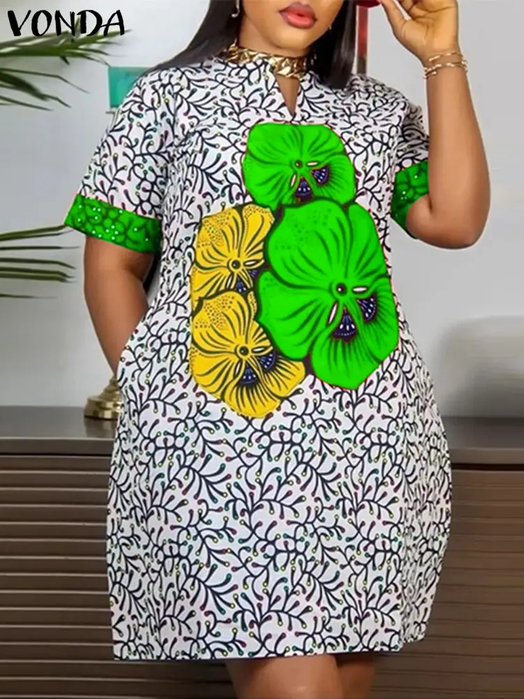 VONDA Women Elegant Dress 2025 Vintage Printed Sundress Oversized Mini Dress Casual Loose Party Short Robe Vestidos