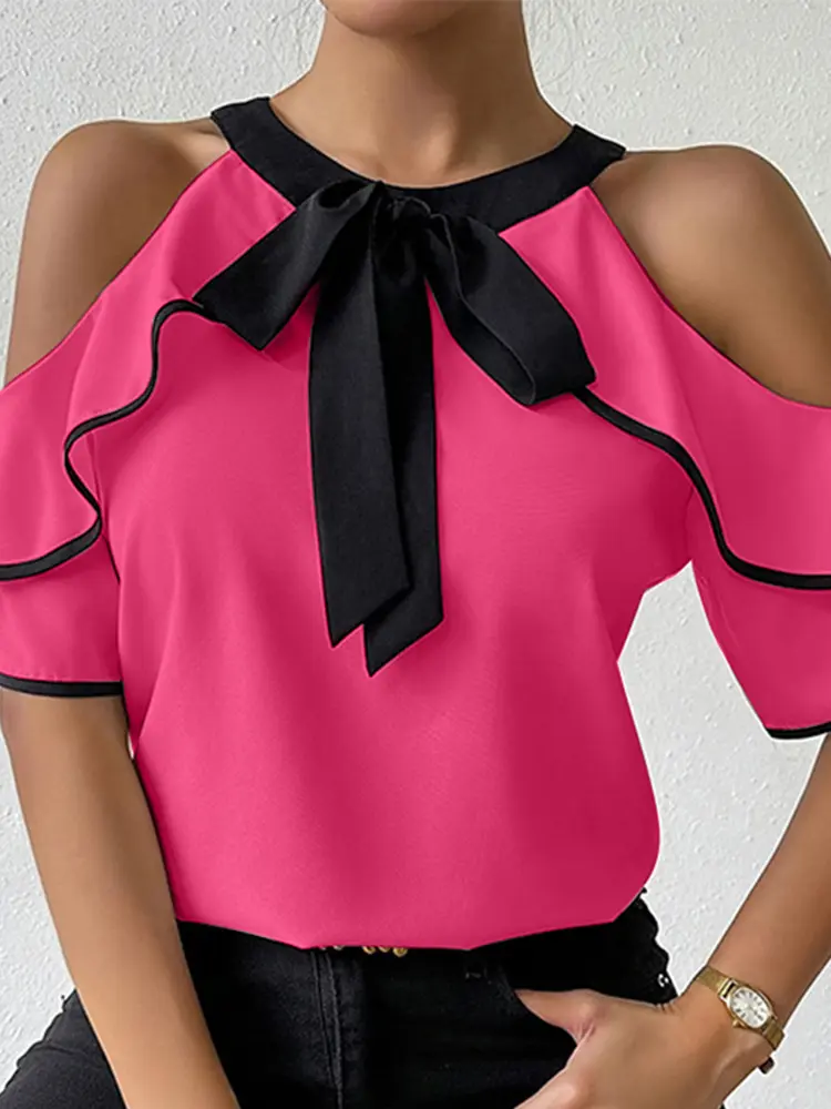 VONDA Women Chiffon Tops Elegant Blouse Patchwork Lace-Up Blusas 2025 Casual Ruffled Tunics Oversized Pullovers Femininas