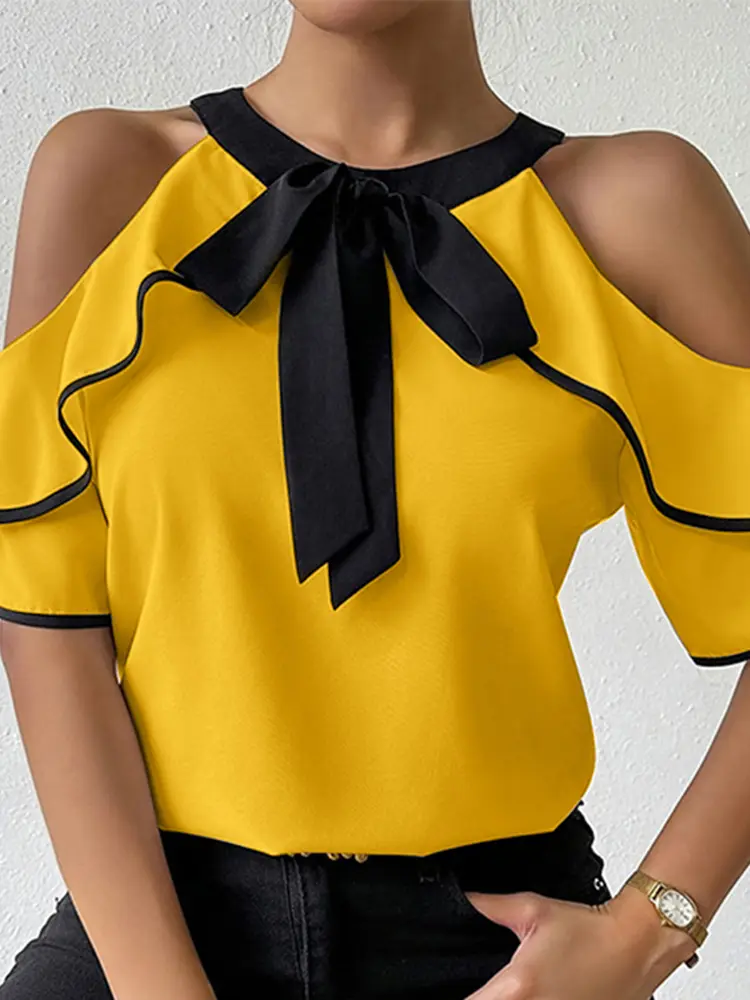 VONDA Women Chiffon Tops Elegant Blouse Patchwork Lace-Up Blusas 2025 Casual Ruffled Tunics Oversized Pullovers Femininas