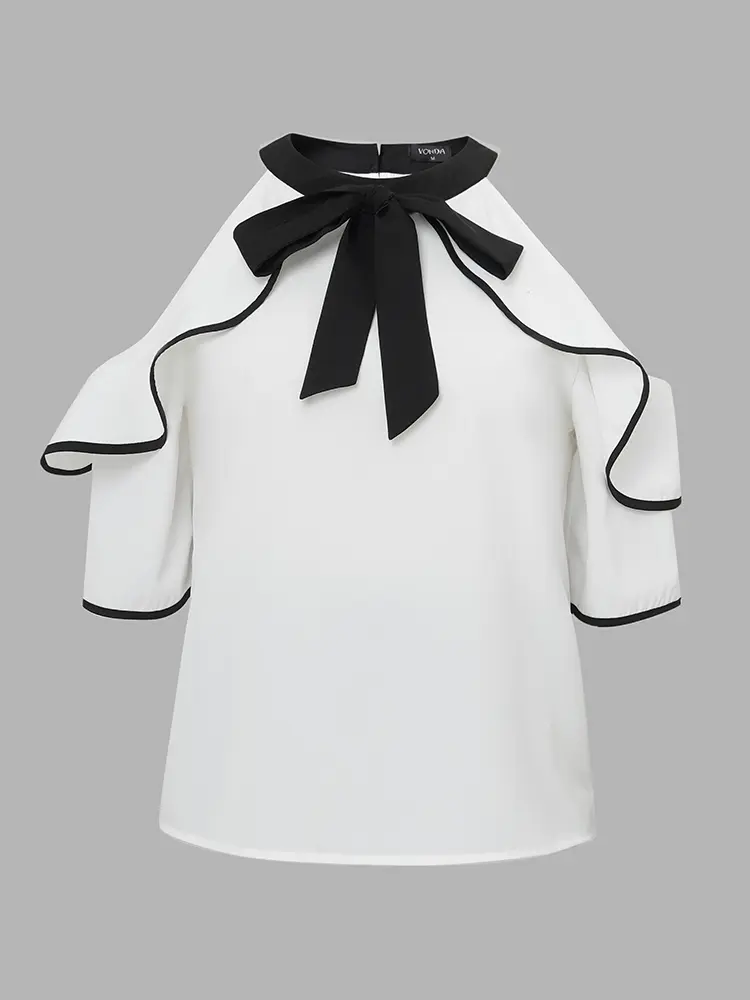 VONDA Women Chiffon Tops Elegant Blouse Patchwork Lace-Up Blusas 2025 Casual Ruffled Tunics Oversized Pullovers Femininas
