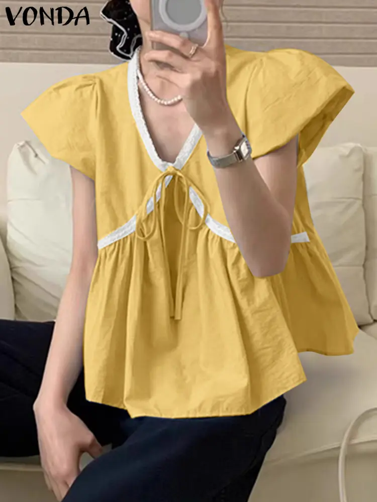 VONDA Lace Bow Blouses Fashion V-Neck Casual Shirts 2025 Women Summer Short Sleeve Loose Partchwork Elegant Blusas Tunic Tops