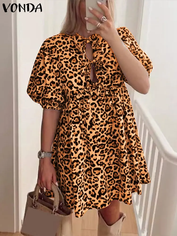 VONDA Women Summer Leopard Print Mini Dress 2025 Short Sleeve Lace-up Casual Print Vestidos Loose Bohemian Sundress Beach Robe